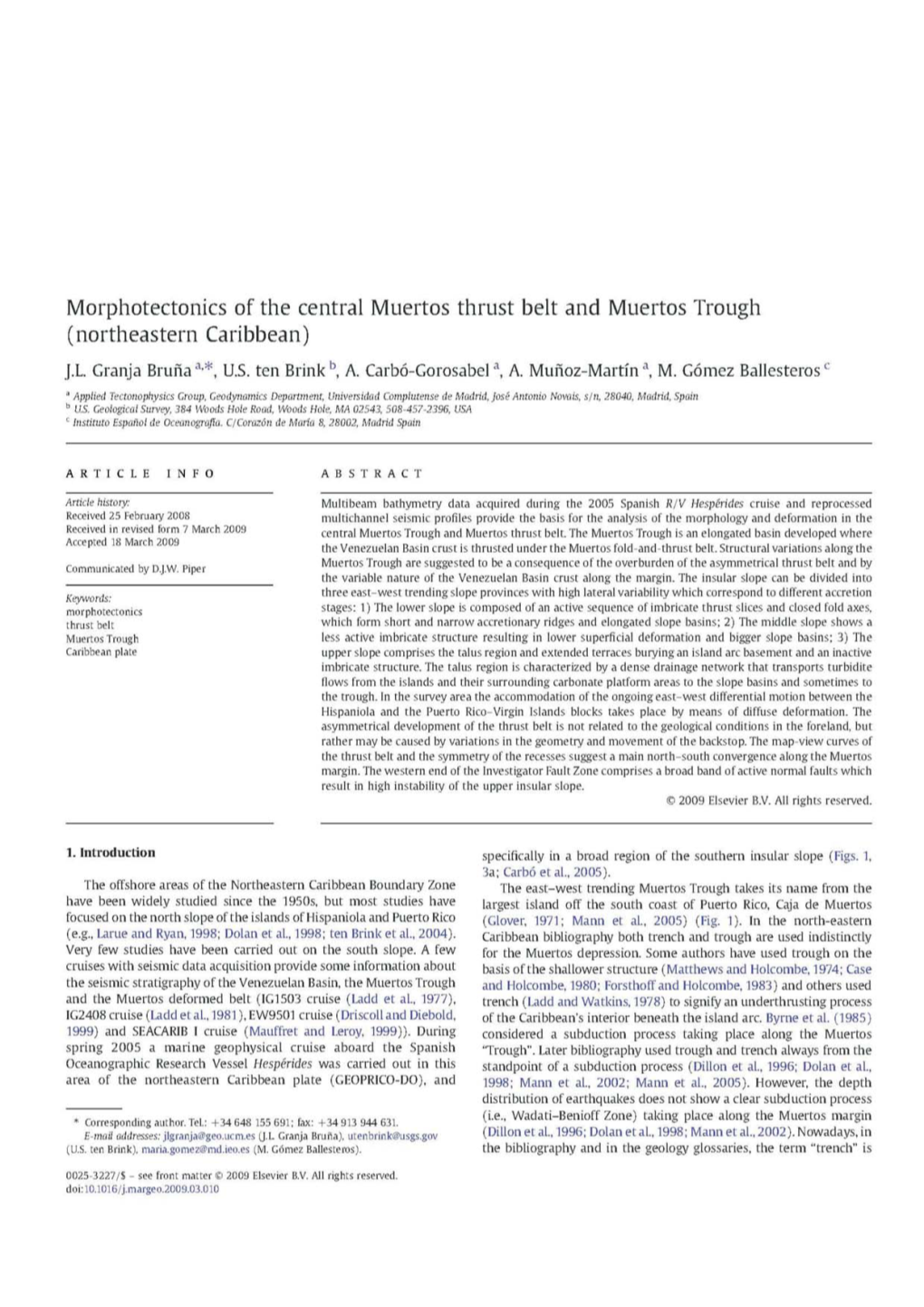 Morphotectonics of the Central Muertos Thrust Belt and Muertos Trough (Northeastern Caribbean)