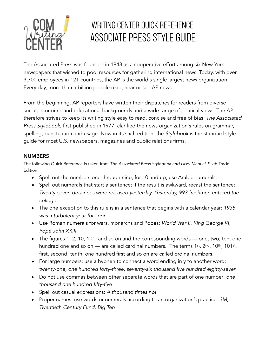 Writing Center Quick Reference Associate Press Style Guide