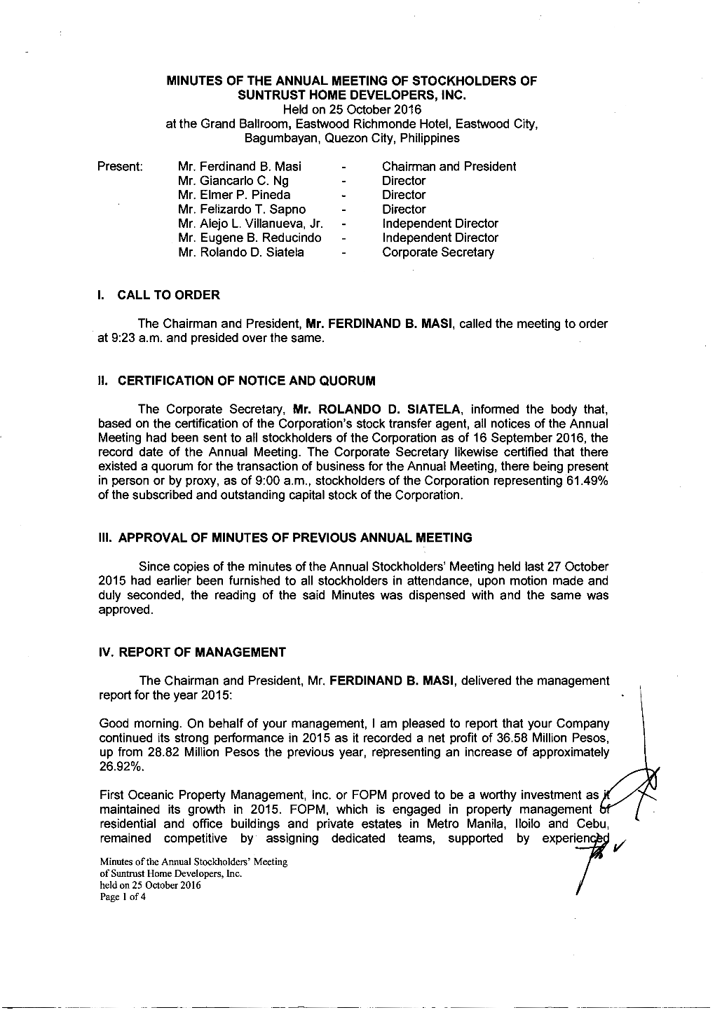 Minutes of the Annual Meeting of Stockholders of Suntrust Home Developers, Inc