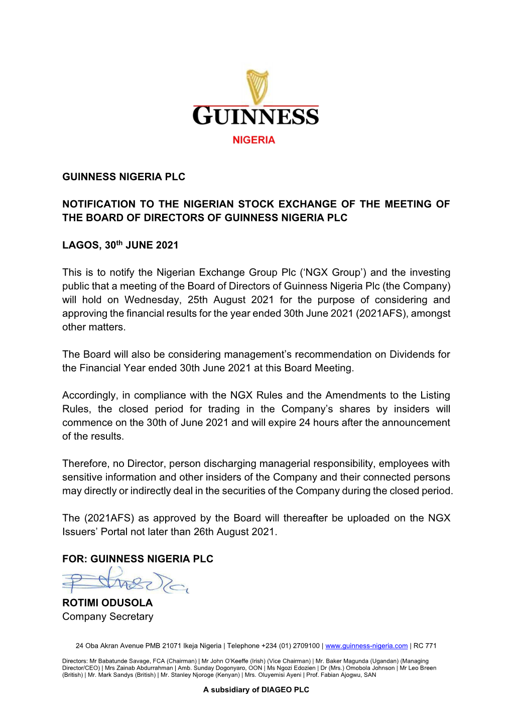 Guinness Nigeria Plc Notification to the Nigerian