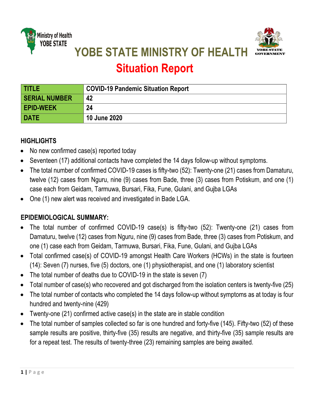 YOBE STATE MINISTRY of HEALTH Situation Report