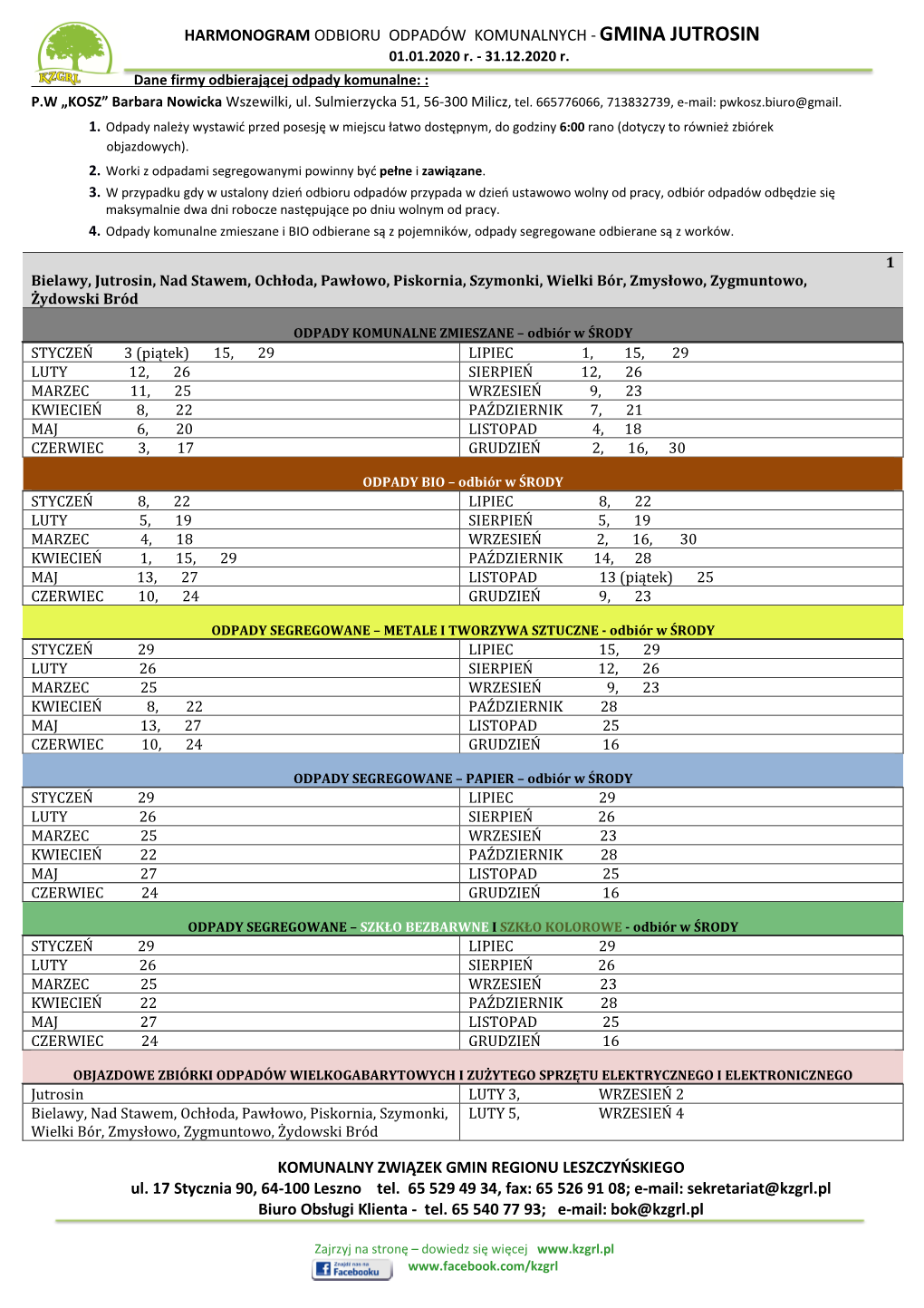 HARMONOGRAM ODBIORU ODPADÓW KOMUNALNYCH - GMINA JUTROSIN 01.01.2020 R