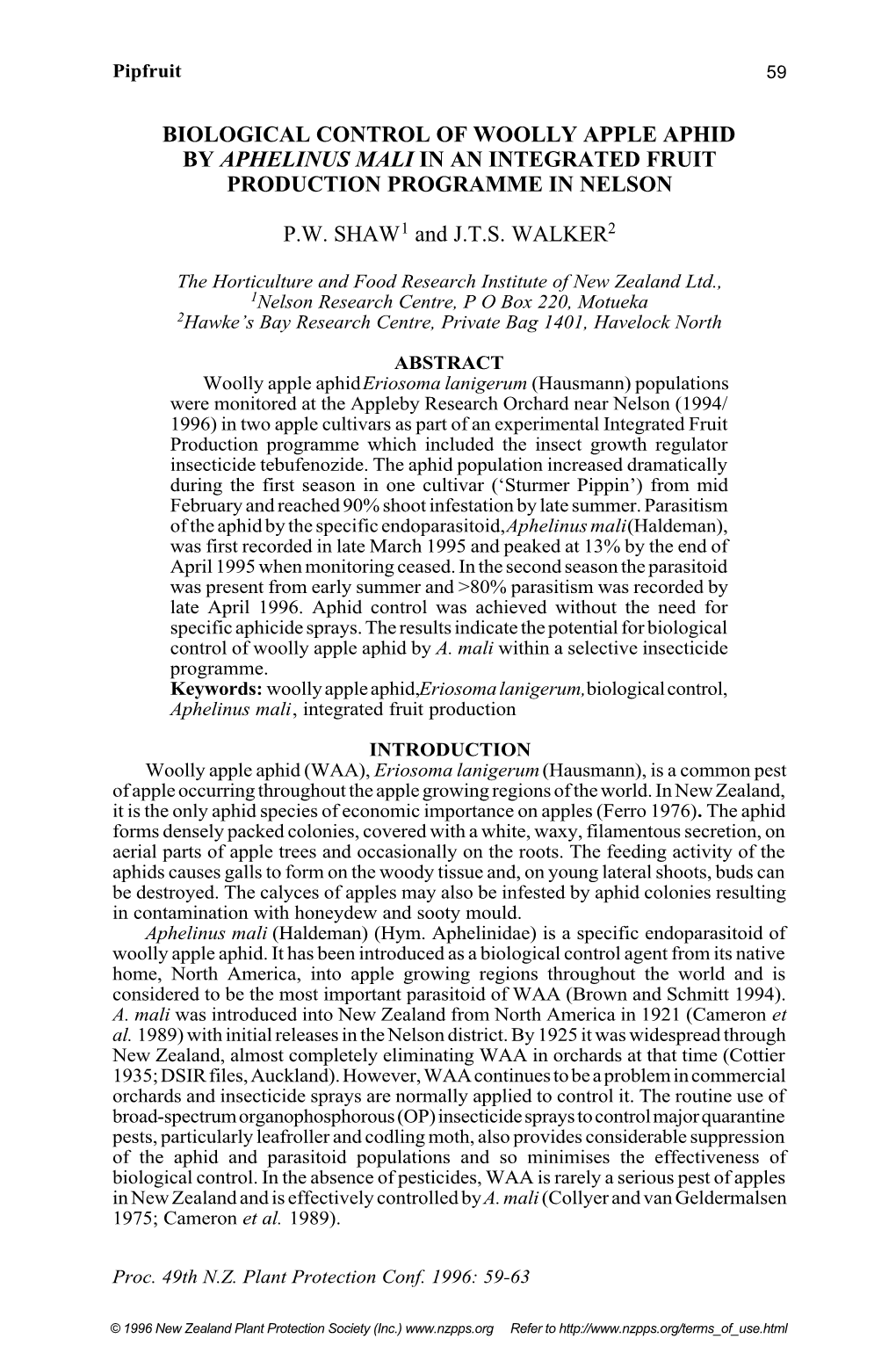 Biological Control of Woolly Apple Aphid by Aphelinus Mali in an Integrated Fruit Production Programme in Nelson