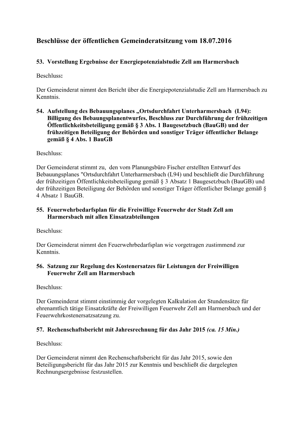Beschlüsse Der Öffentlichen Gemeinderatsitzung Vom 18.07.2016