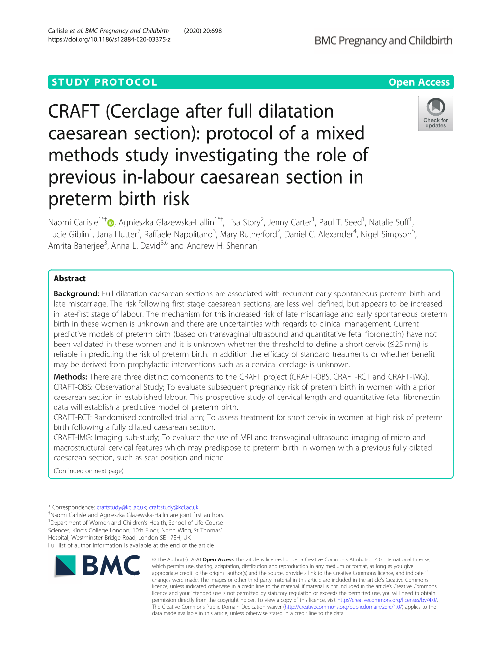 CRAFT (Cerclage After Full Dilatation Caesarean Section): Protocol of A
