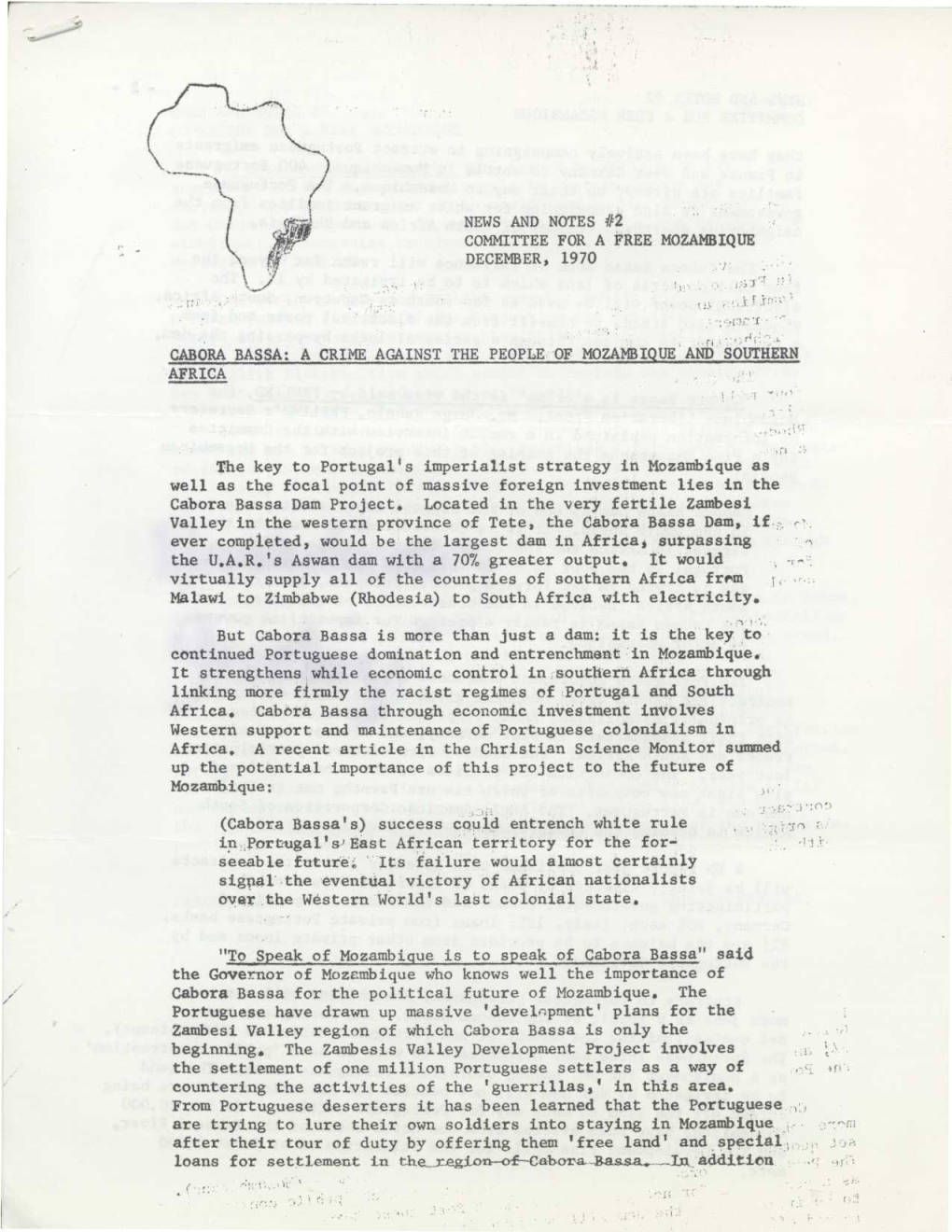 News and Notes #2 Committee for a Free Mozambique December, 1970 Cabora Bassa