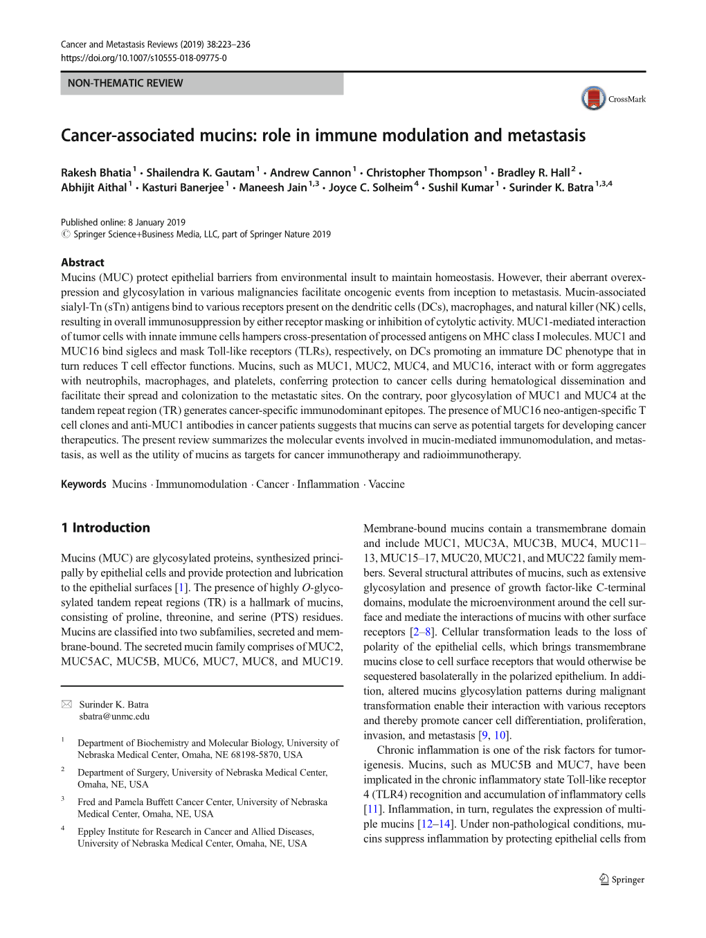 Cancer-Associated Mucins: Role in Immune Modulation and Metastasis