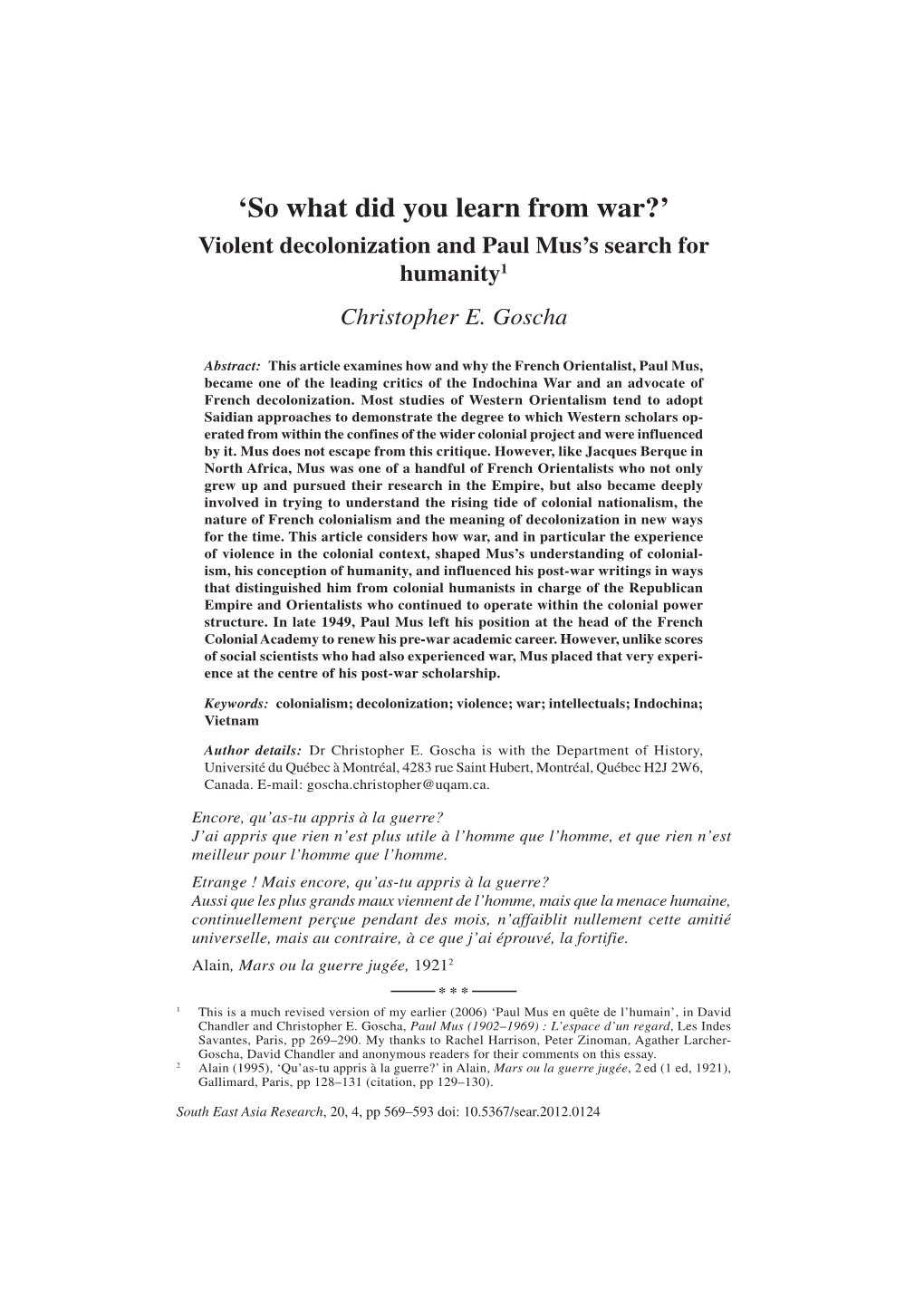 'So What Did You Learn from War?' Violent Decolonization and Paul Mus's Search for Humanity