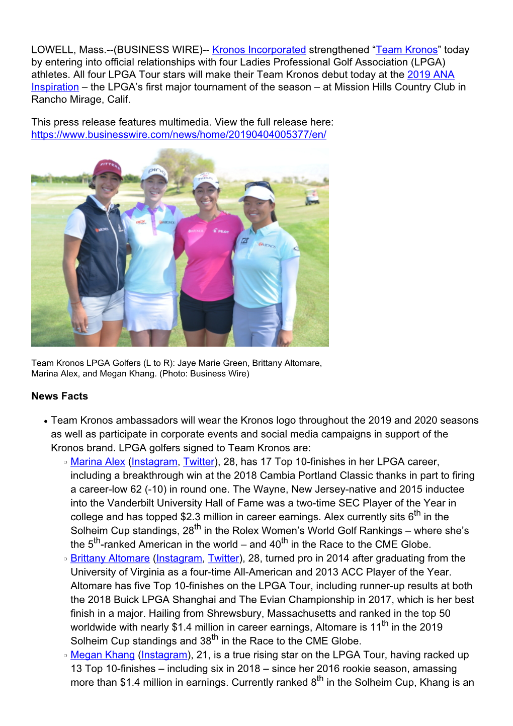 Kronos Incorporated Strengthened “Team Kronos” Today by Entering Into Official Relationships with Four Ladies Professional Golf Association (LPGA) Athletes