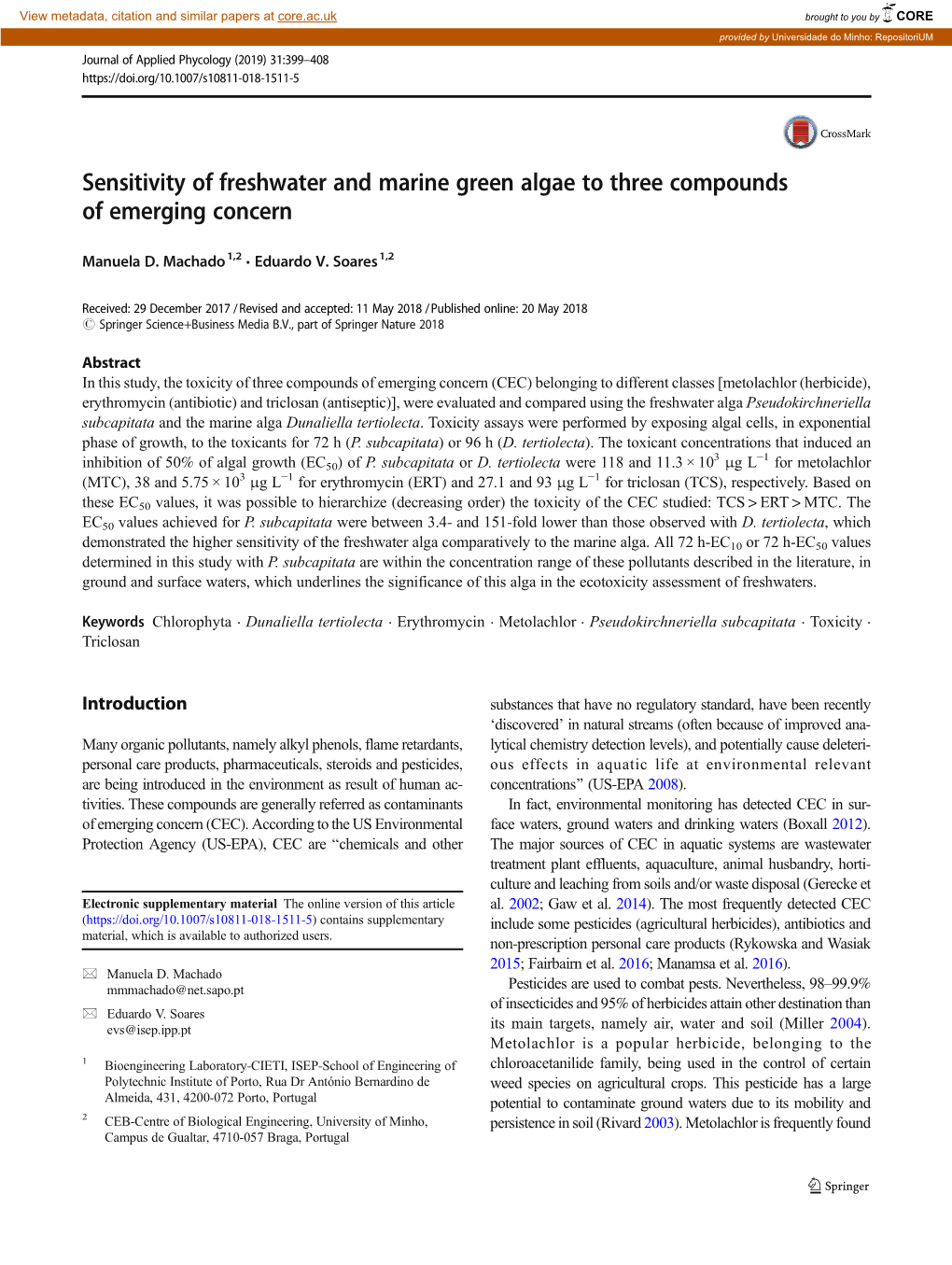 Sensitivity of Freshwater and Marine Green Algae to Three Compounds of Emerging Concern