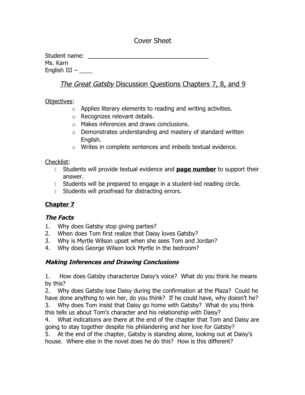 The Great Gatsby Discussion Questions Chapters 7, 8, and 9