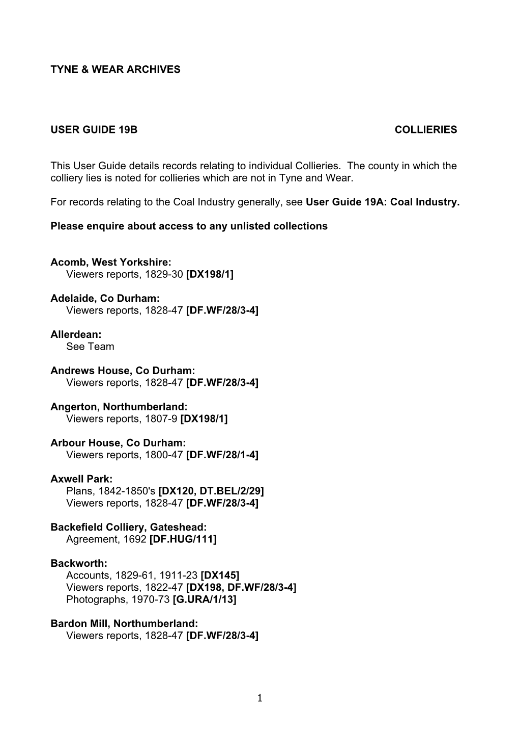 Coal Industry Generally, See User Guide 19A: Coal Industry