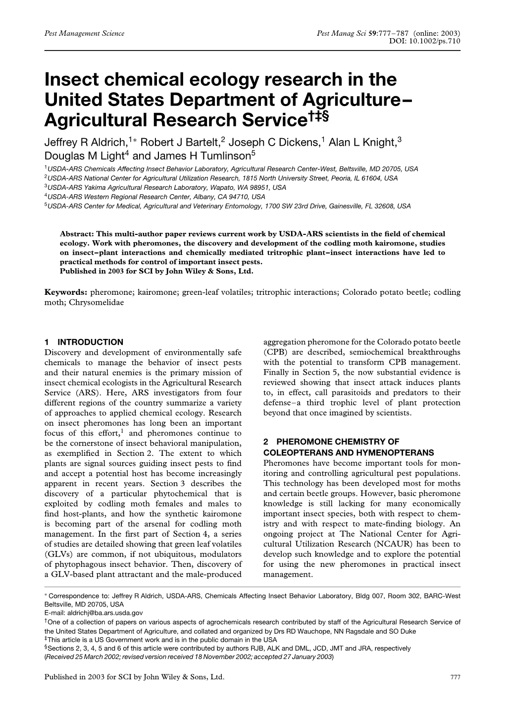 Insect Chemical Ecology Research in the United States Department Of