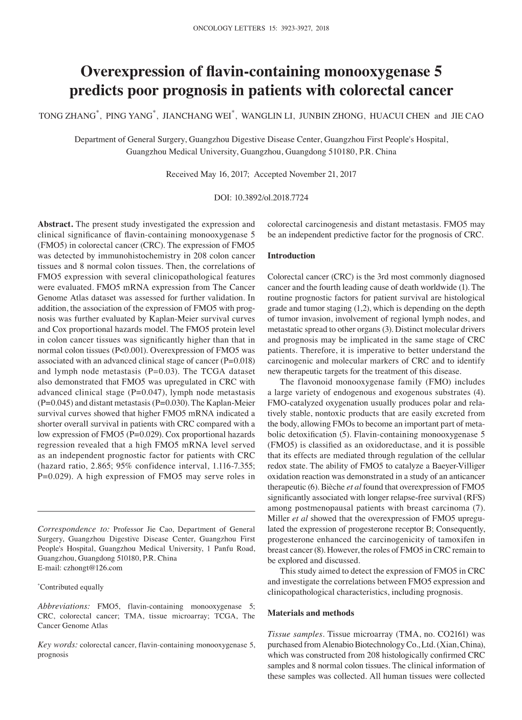 Overexpression of Flavin‑Containing Monooxygenase 5 Predicts Poor Prognosis in Patients with Colorectal Cancer