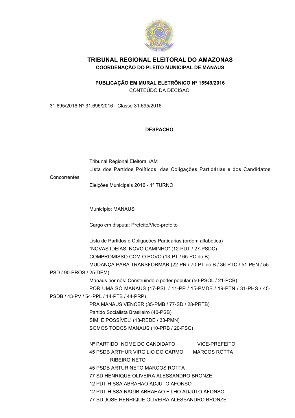 Tribunal Regional Eleitoral Do Amazonas Coordenação Do Pleito Municipal De Manaus