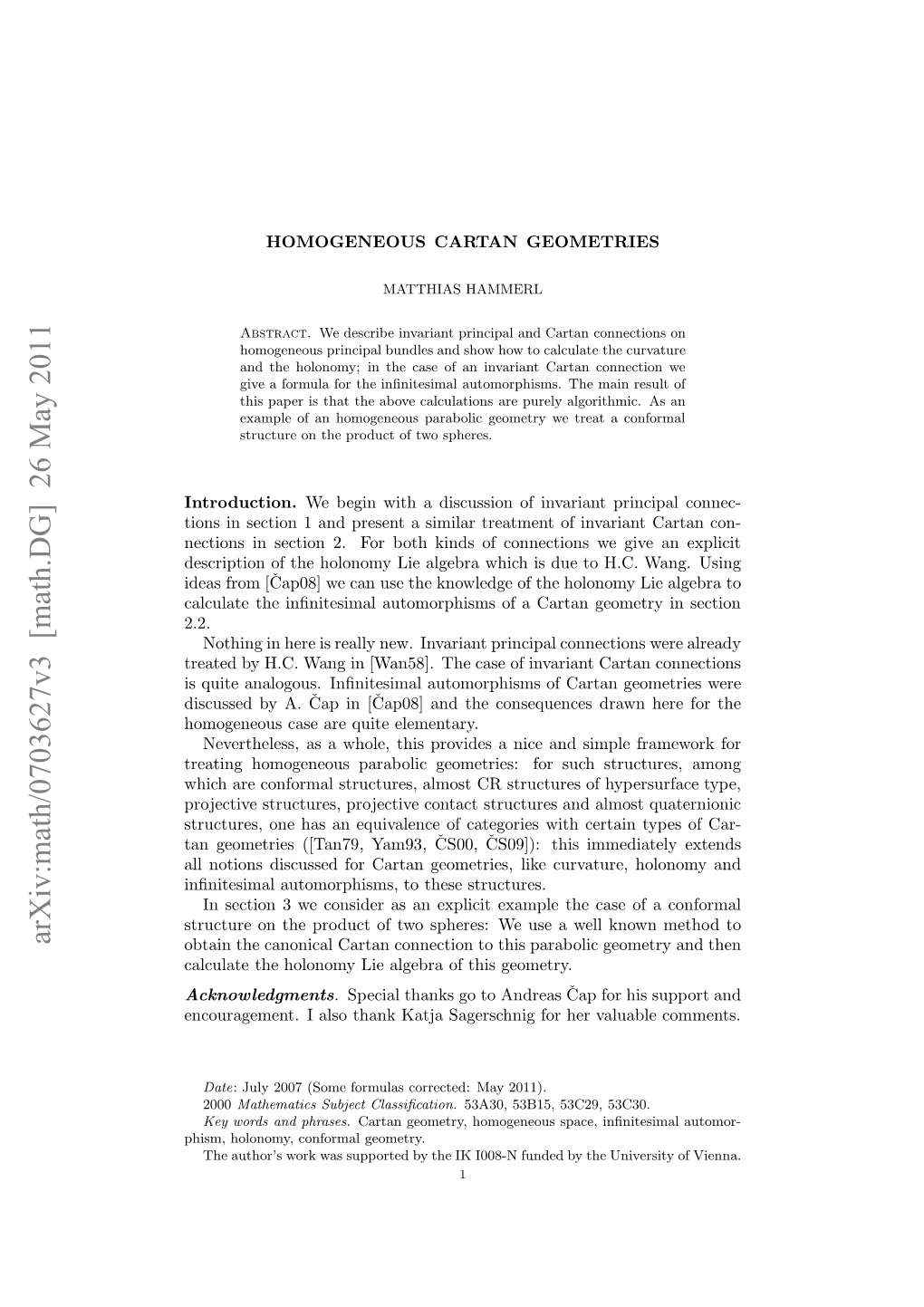 Arxiv:Math/0703627V3 [Math.DG] 26 May 2011 Etosi Eto .Frbt Id Fcnetosw Iea Give W H.C