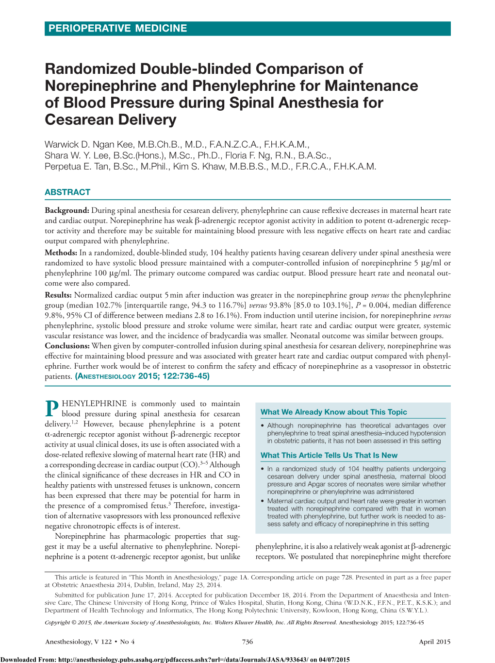 Randomized Double-Blinded Comparison of Norepinephrine and Phenylephrine for Maintenance of Blood Pressure During Spinal Anesthesia for Cesarean Delivery