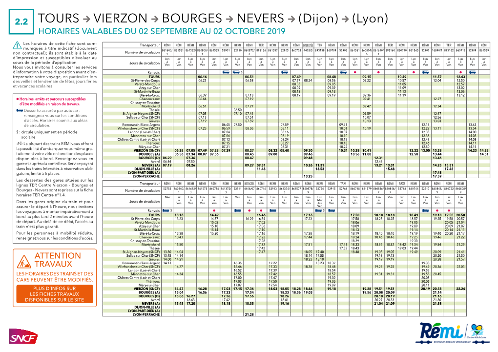 2.2 TOURS VIERZON BOURGES NEVERS (Dijon) (Lyon) HORAIRES VALABLES DU 02 SEPTEMBRE AU 02 OCTOBRE 2019