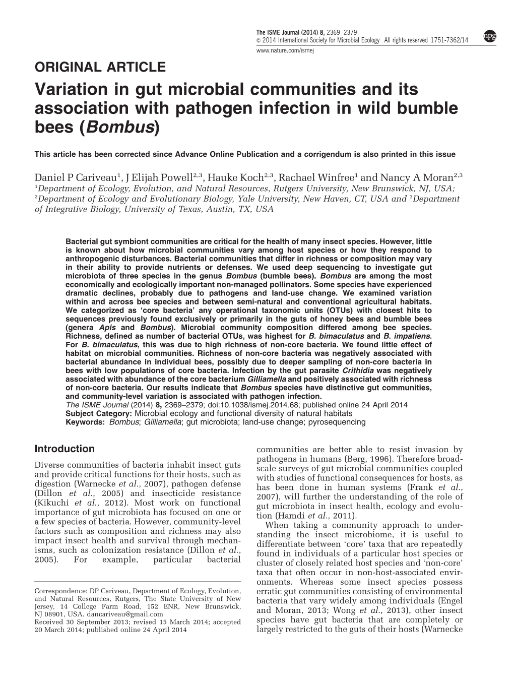 Variation in Gut Microbial Communities and Its Association with Pathogen Infection in Wild Bumble Bees (Bombus)