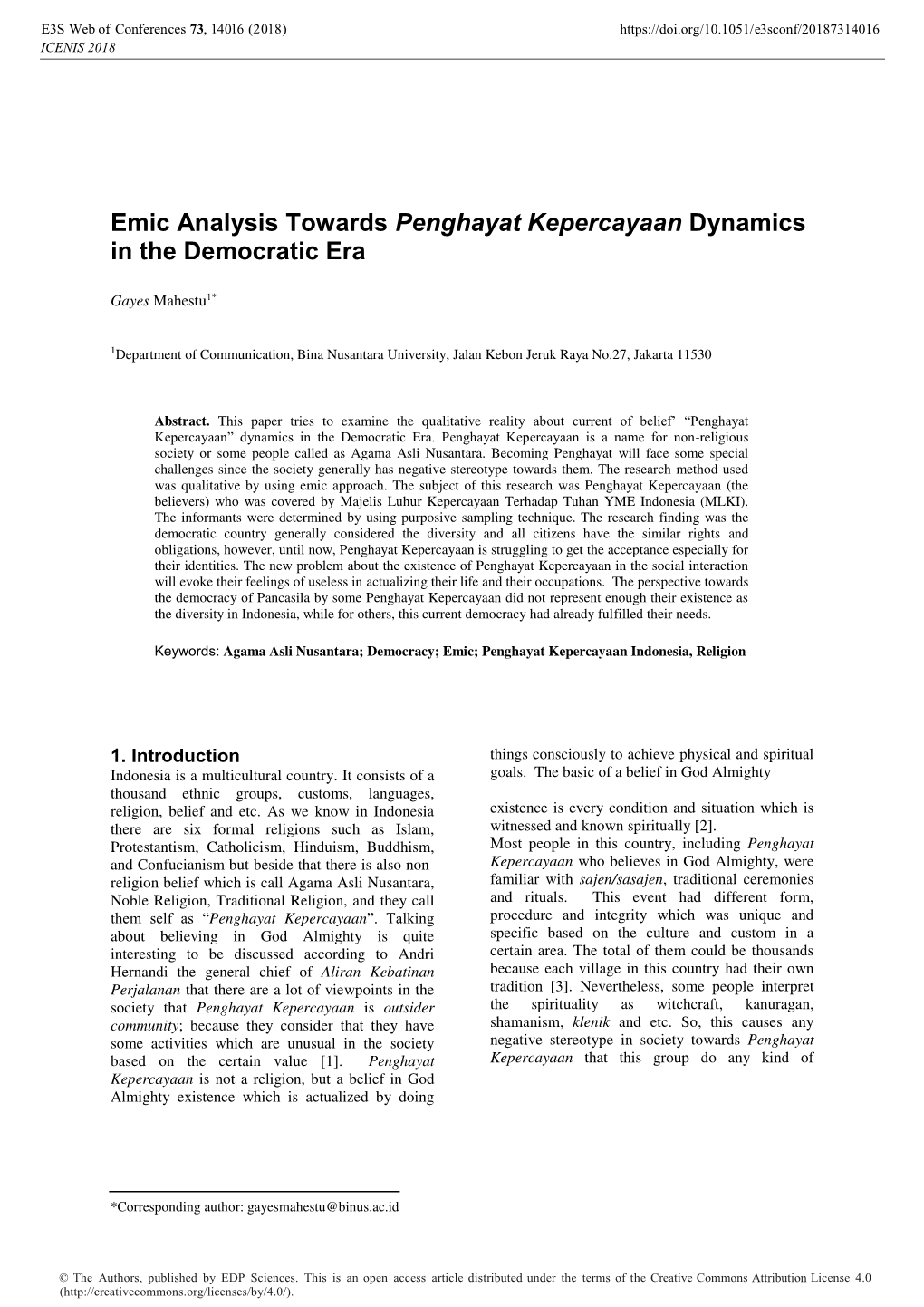 Emic Analysis Towards Penghayat Kepercayaan Dynamics in the Democratic Era