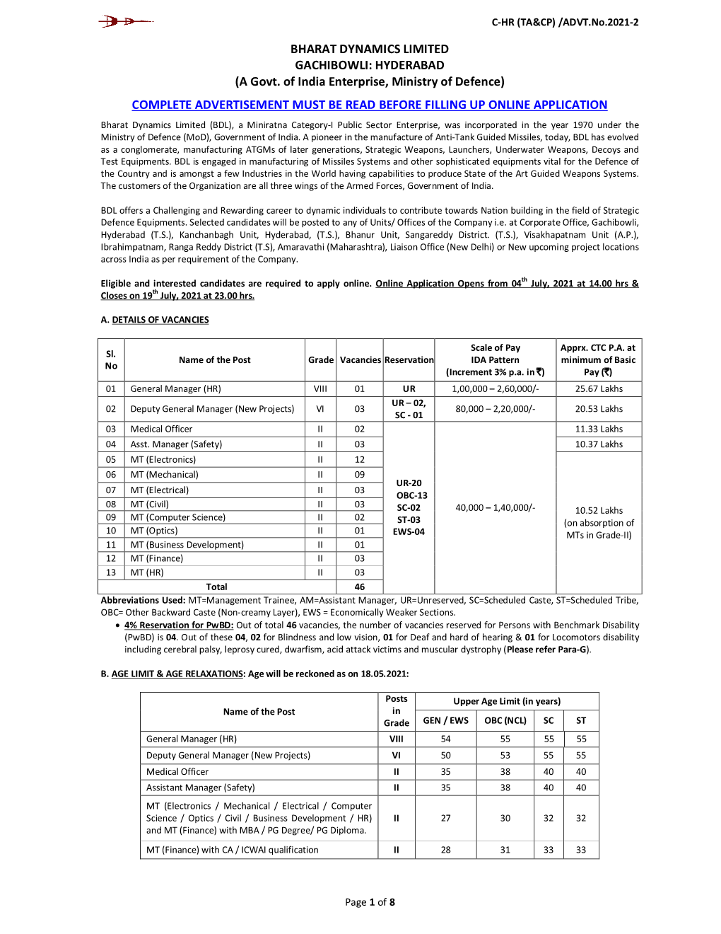 BHARAT DYNAMICS LIMITED GACHIBOWLI: HYDERABAD (A Govt