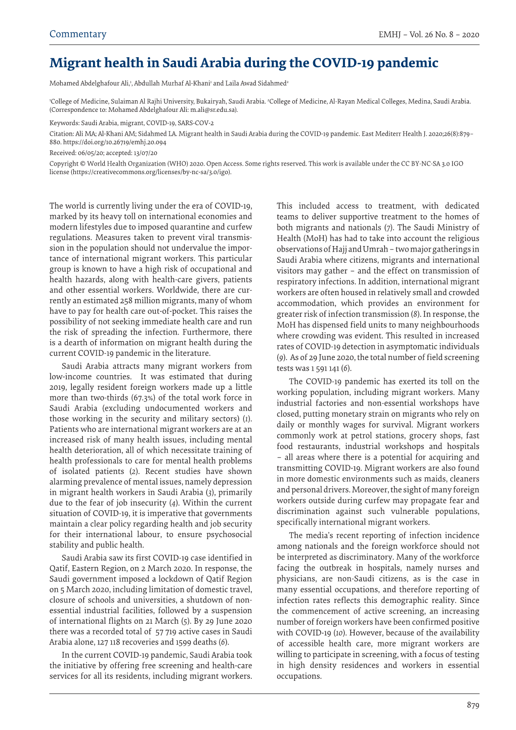 Migrant Health in Saudi Arabia During the COVID-19 Pandemic