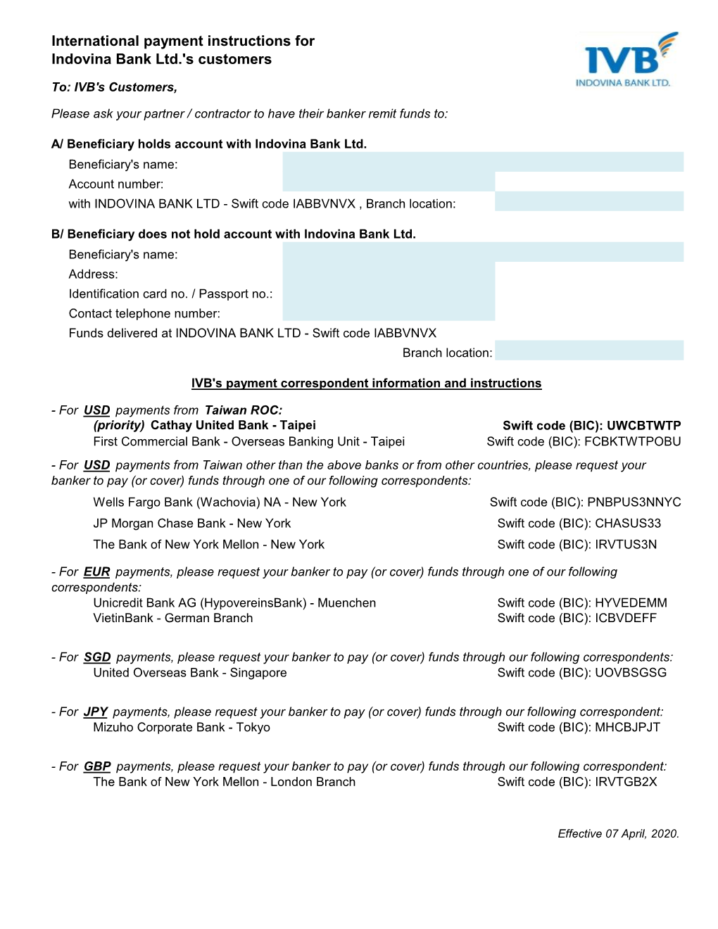 International Payment Instructions for Indovina Bank Ltd.'S Customers