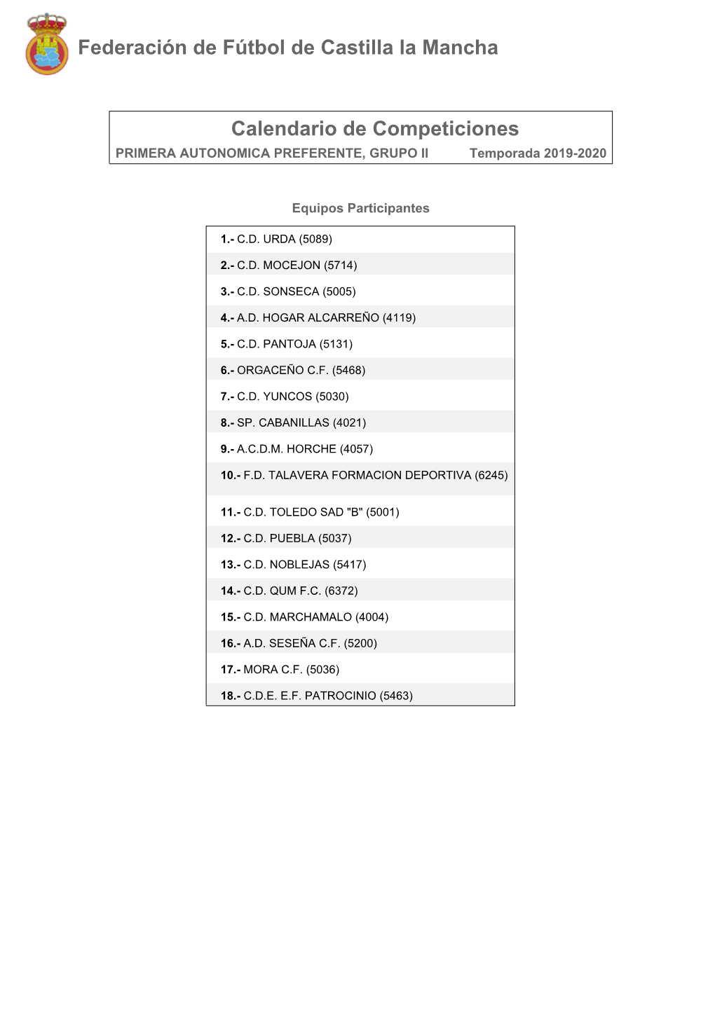 Calendario De Competición