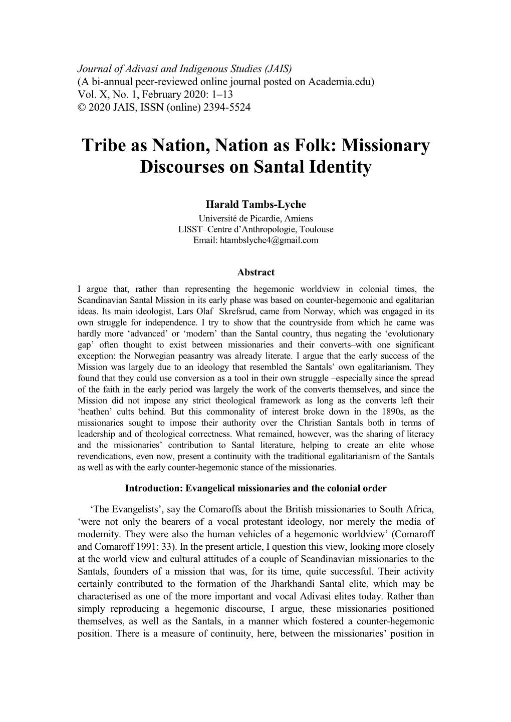 Tribe As Nation, Nation As Folk: Missionary Discourses on Santal Identity