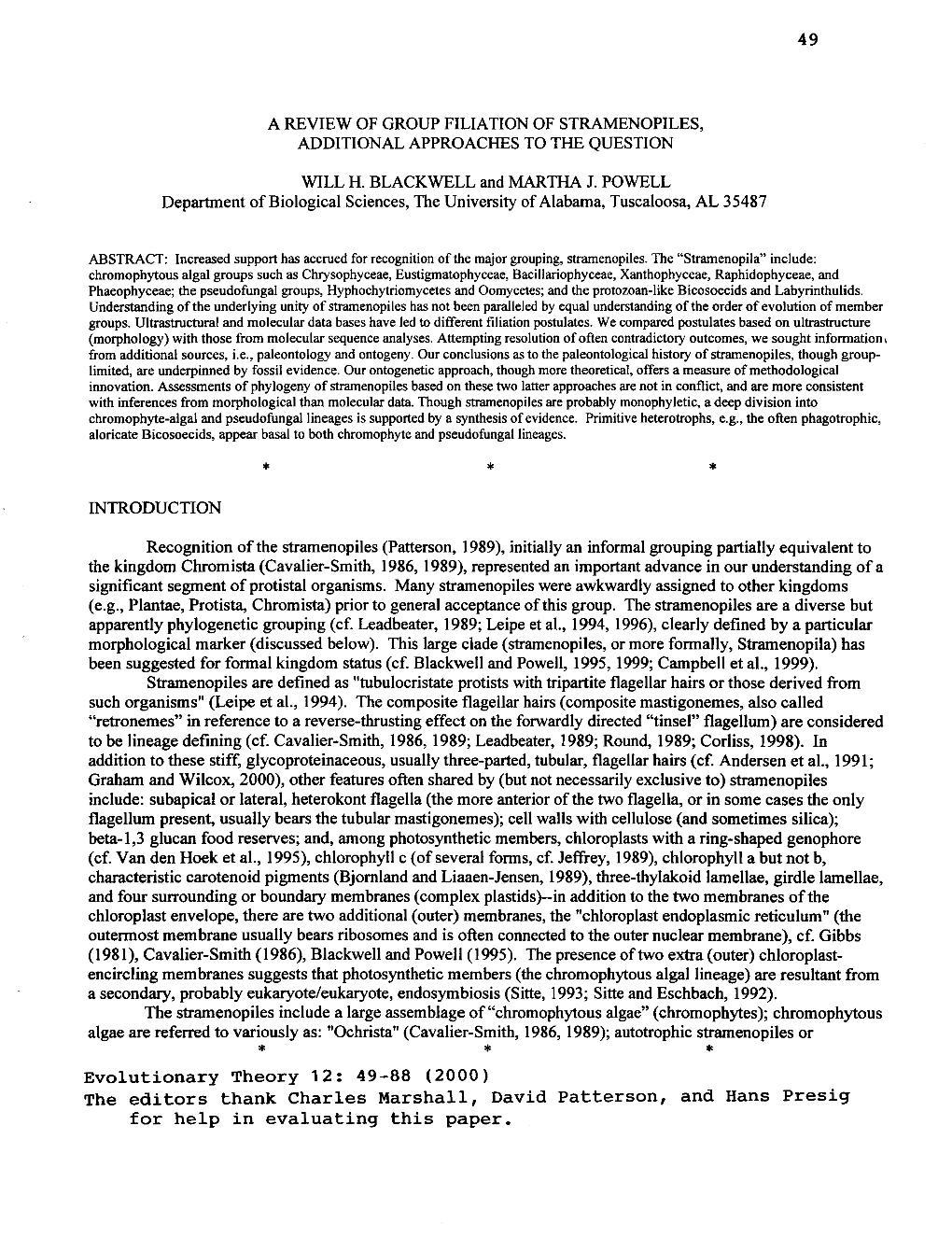 Blackwell and Powell Considered Thraustochvtrium (A Labyrinthulid, Cf