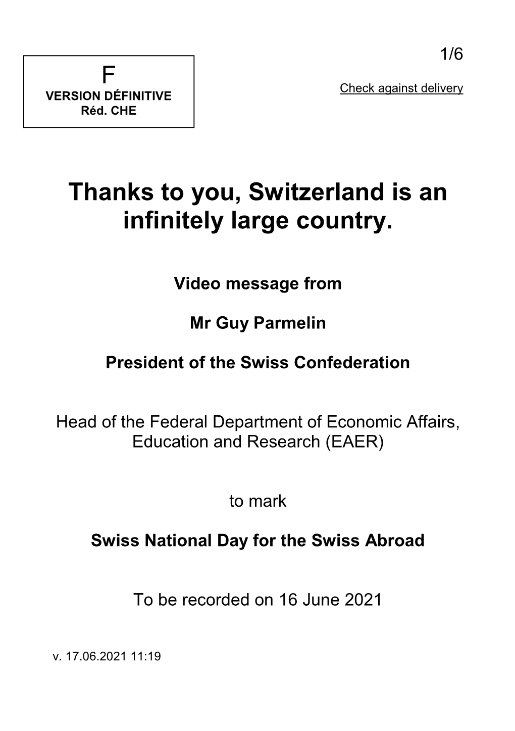 Address by President of the Swiss Confederation Guy Parmelin on 1