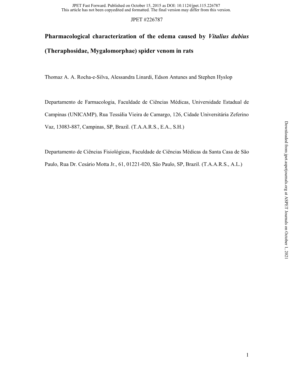 Pharmacological Characterization of the Edema Caused by Vitalius Dubius (Theraphosidae