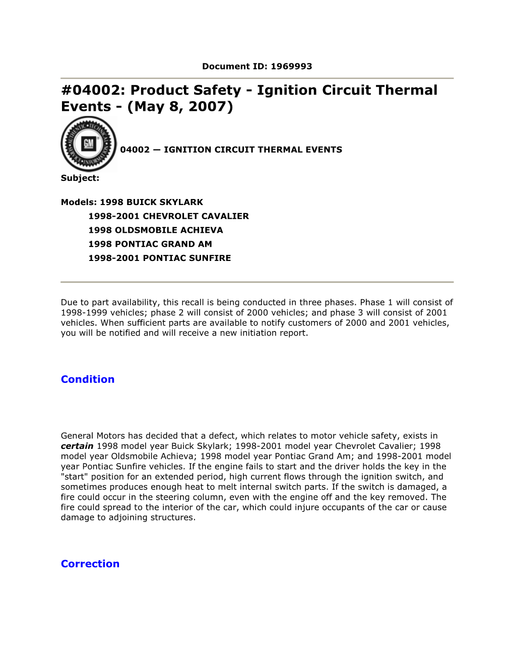 Ignition Circuit Thermal Events - (May 8, 2007)