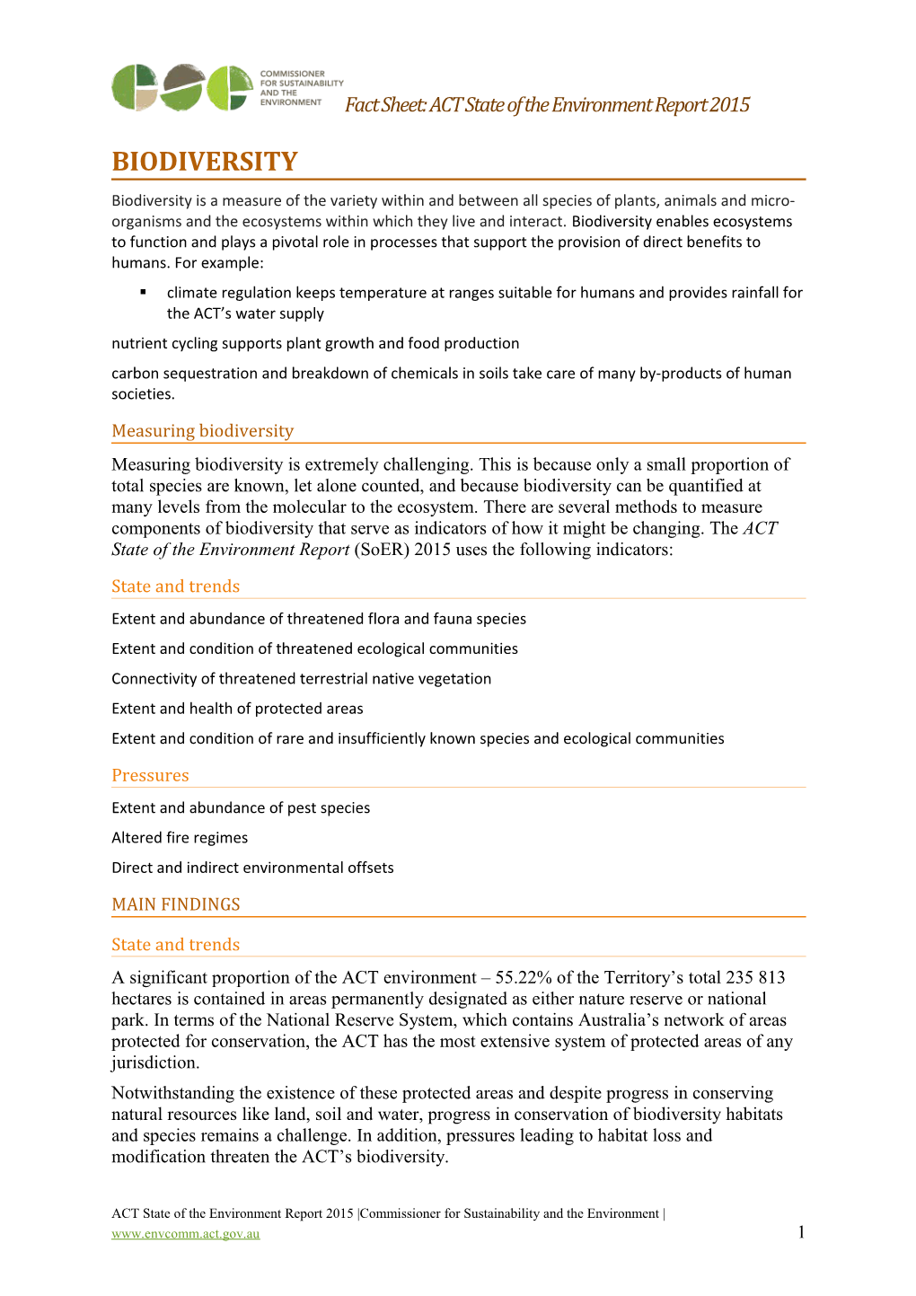 Fact Sheet: ACT State of the Environment Report 2015