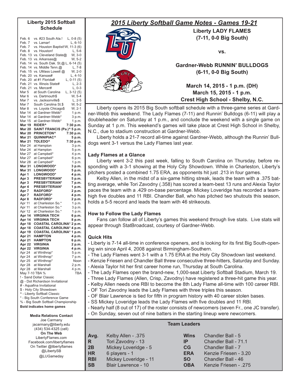 2015 Liberty Softball Game Notes - Games 19-21 Schedule Liberty LADY FLAMES Feb