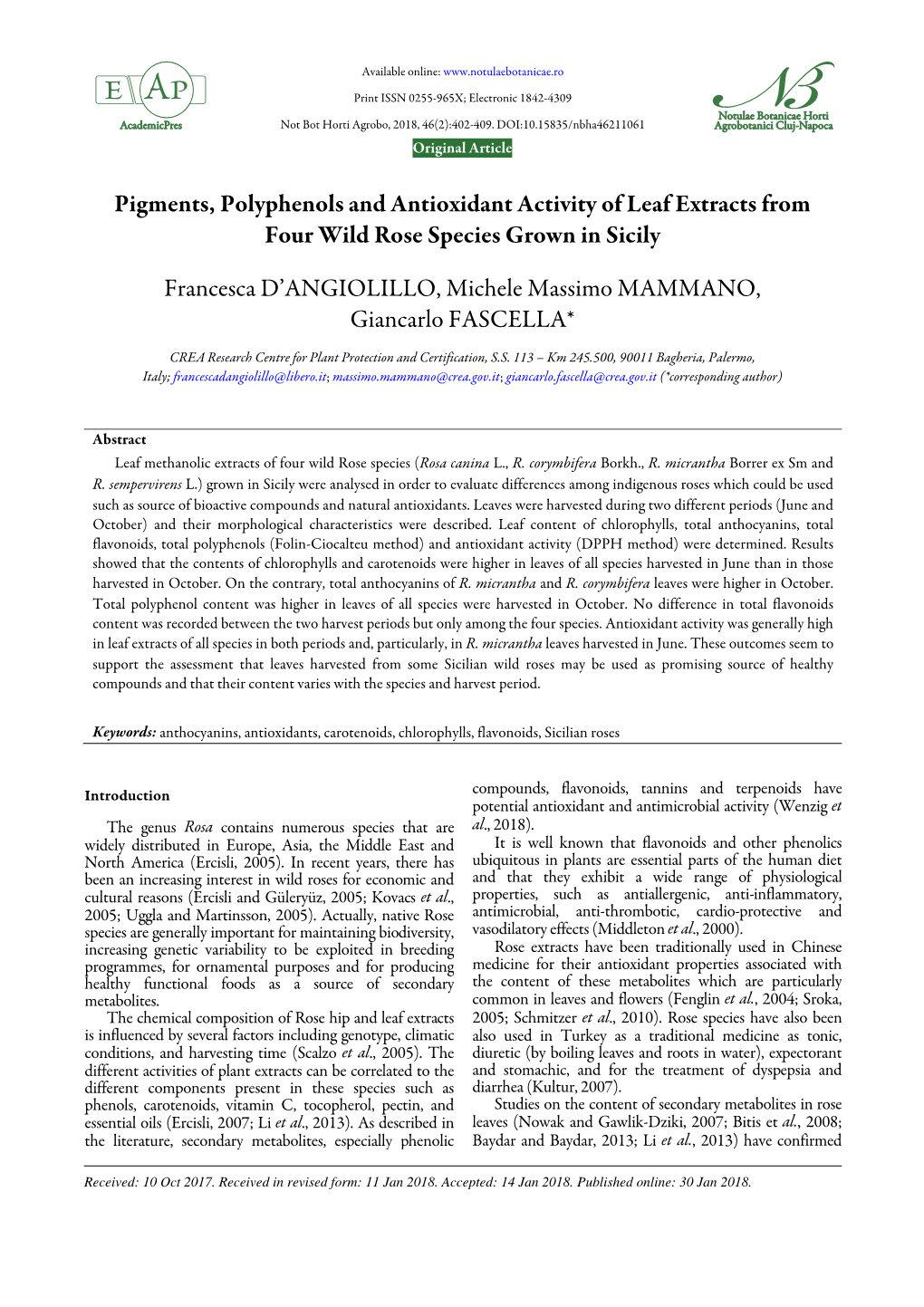 Pigments, Polyphenols and Antioxidant Activity of Leaf Extracts from Four Wild Rose Species Grown in Sicily