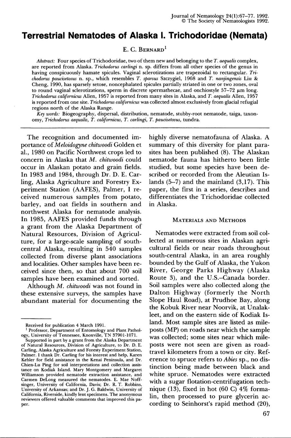 Terrestrial Nematodes of Alaska I. Trichodoridae (Nemata)