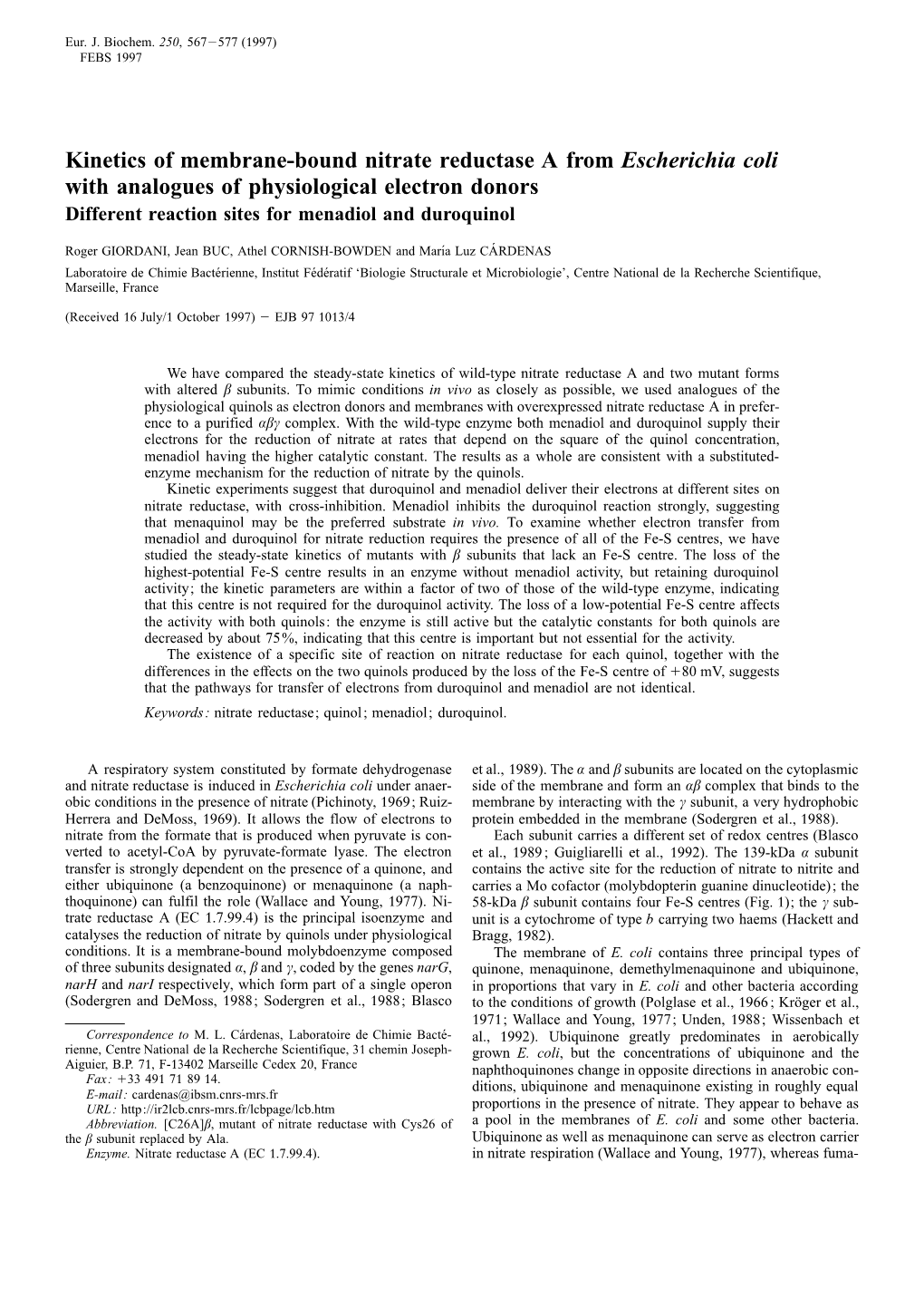 Kinetics of Membrane-Bound Nitrate Reductase a from Escherichia Coli with Analogues of Physiological Electron Donors