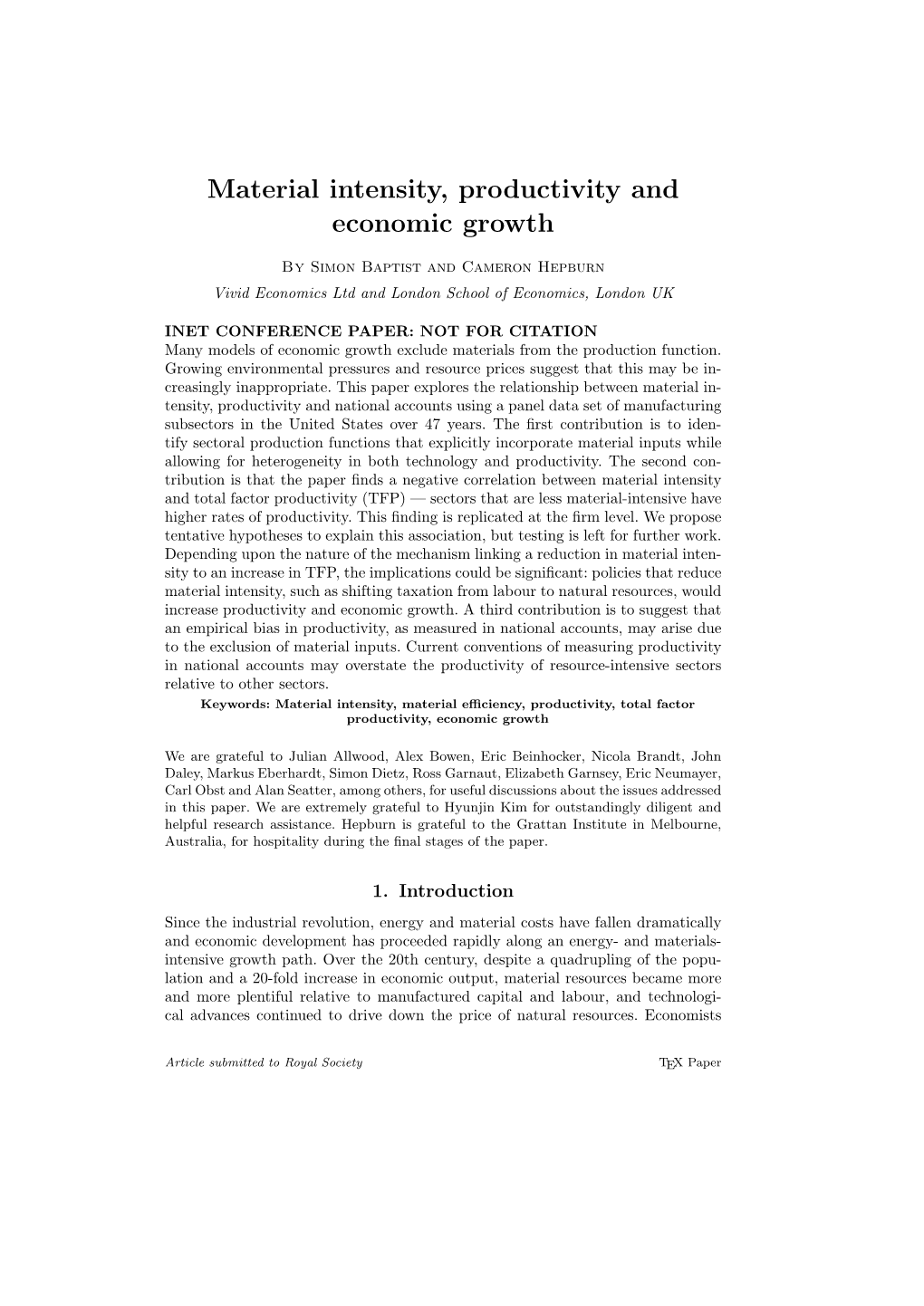 Material Intensity, Productivity and Economic Growth