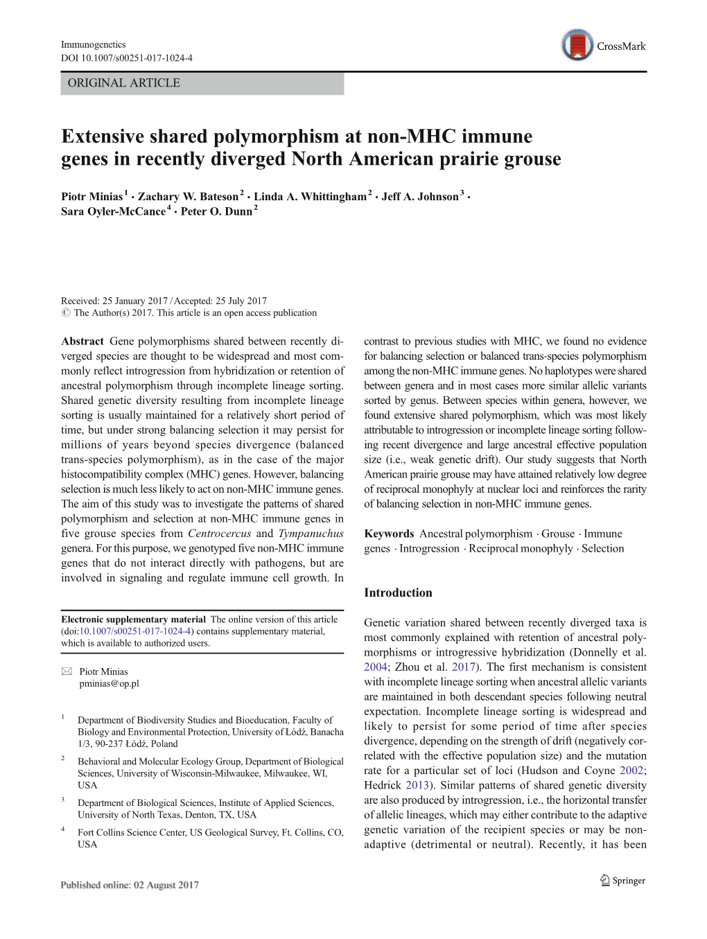 Extensive Shared Polymorphism at Non-MHC Immune Genes in Recently Diverged North American Prairie Grouse