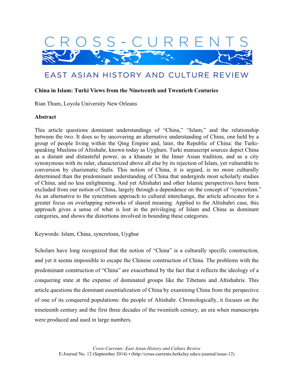 China in Islam: Turki Views from the Nineteenth and Twentieth Centuries