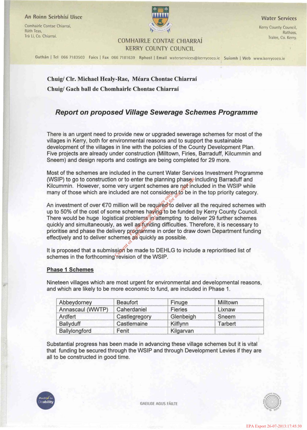 Report on Proposed Village Sewerage Schemes Programme