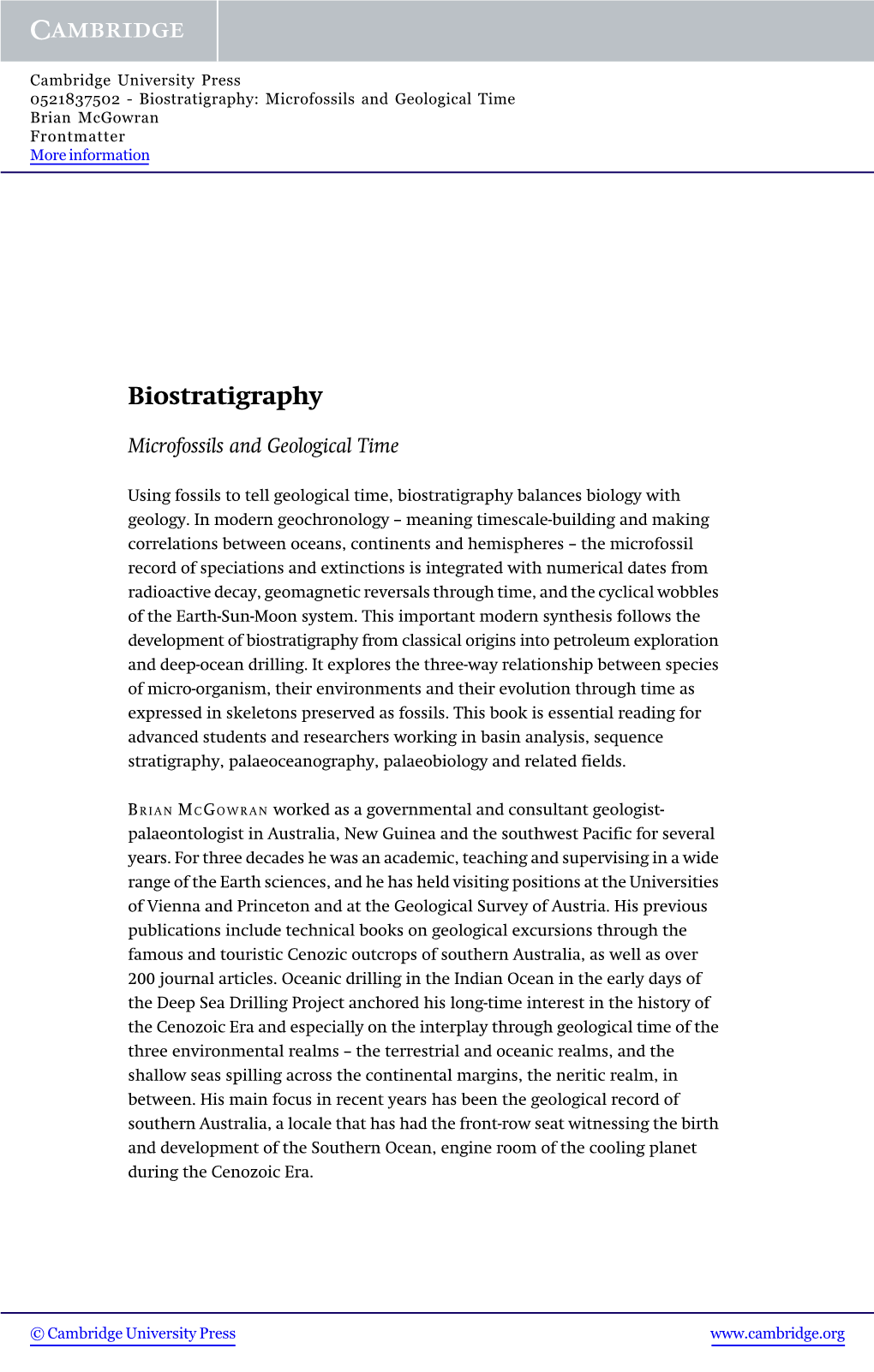 Biostratigraphy: Microfossils and Geological Time Brian Mcgowran Frontmatter More Information