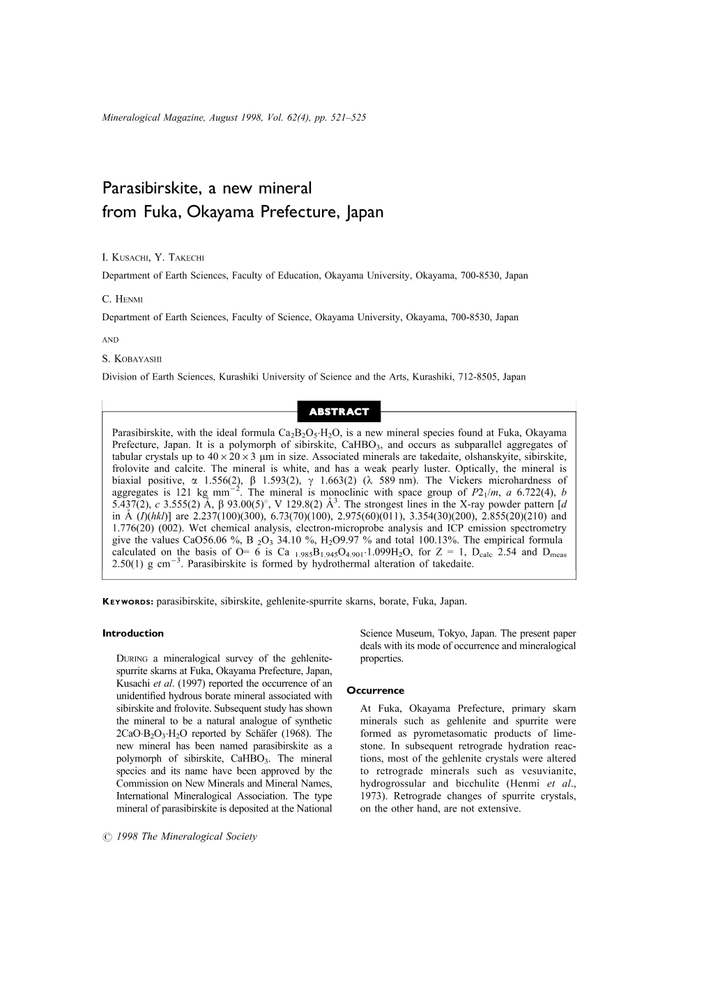 Parasibirskite, a New Mineral from Fuka, Okayama Prefecture, Japan