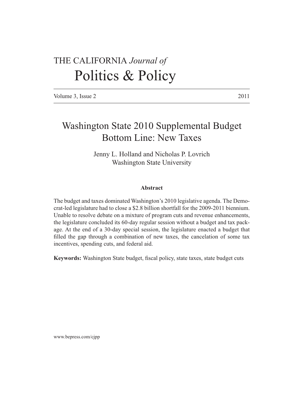 Washington State 2010 Supplemental Budget Bottom Line: New Taxes