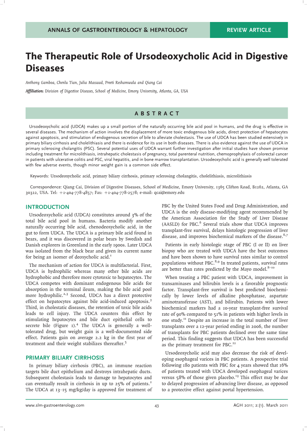 The Therapeutic Role of Ursodeoxycholic Acid in Digestive Diseases