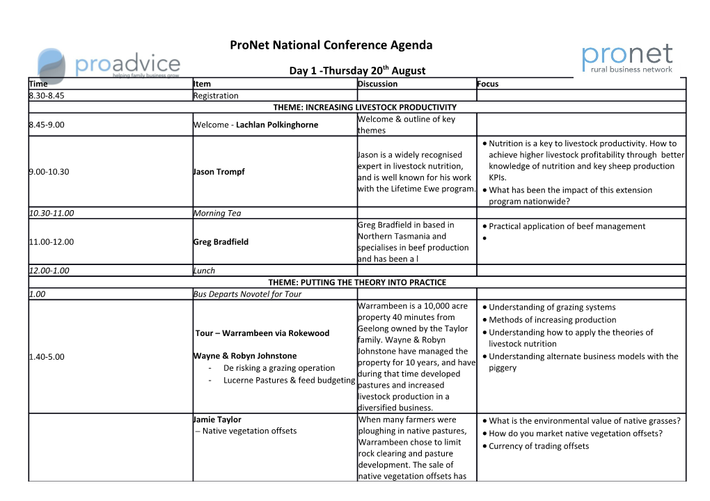Pronet National Meeting Agenda