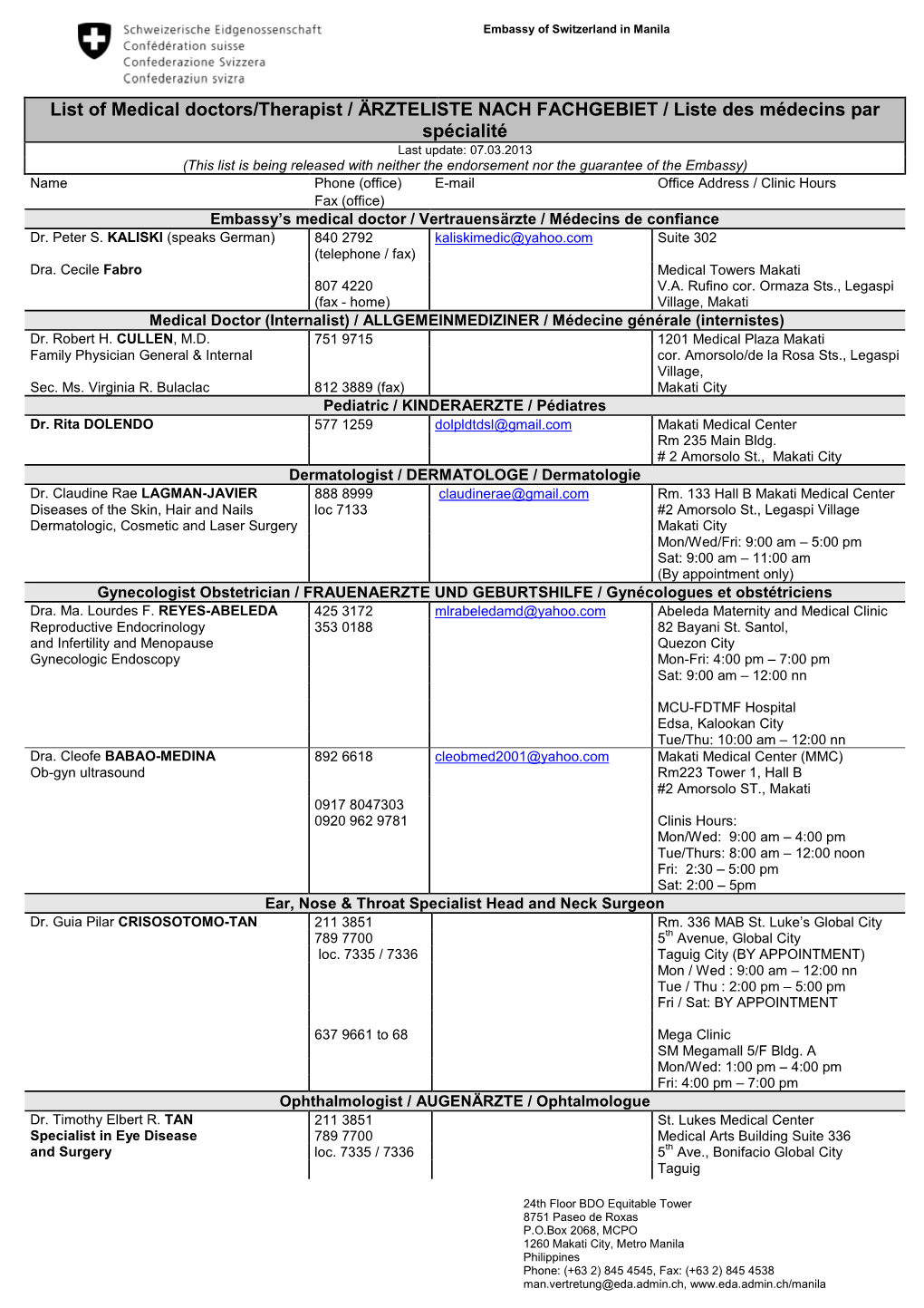 List of Medical Doctors/Therapist / ÄRZTELISTE NACH FACHGEBIET