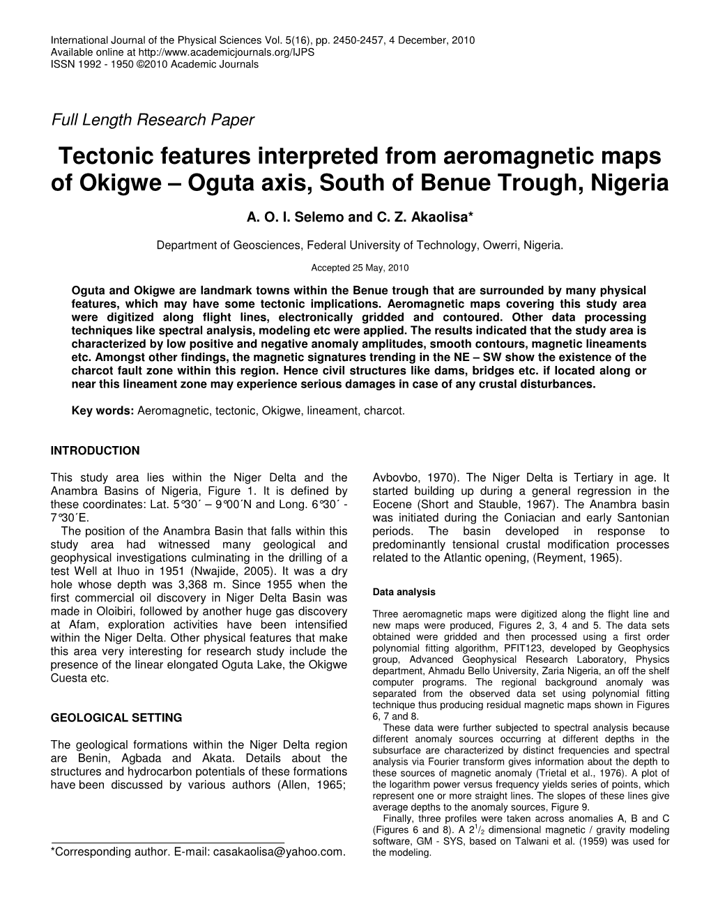 Tectonic Features Interpreted from Aeromagnetic Maps of Okigwe – Oguta Axis, South of Benue Trough, Nigeria