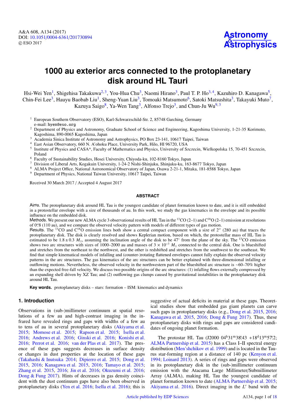 1000 Au Exterior Arcs Connected to the Protoplanetary Disk Around HL Tauri Hsi-Wei Yen1, Shigehisa Takakuwa2, 3, You-Hua Chu3, Naomi Hirano3, Paul T